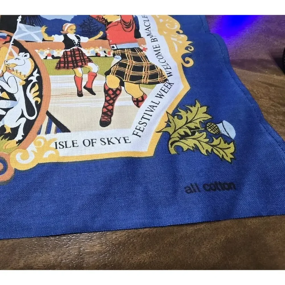 Vintage 100% Cotton Tea Towel Scotland Pageants and Ceremonies Kilts Tartans